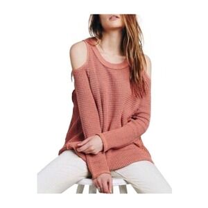 Free People Moonshine Cold Shoulder Waffle Knit Sweater Terracotta Coral Pink‎